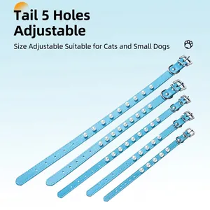Adjustable light blue PU leather pet collar with elegant pearl studs for cats and dogs