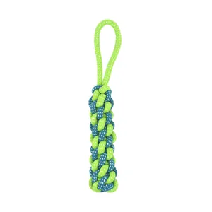 Detailed close-up of a durable braided cotton rope dog toy for teething in green and blue