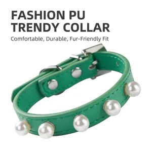 Green PU leather pet collar decorated with elegant white pearls and silver hardware.