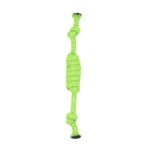 Durable green and white braided cotton rope dog chew toy with multiple knots for teeth cleaning
