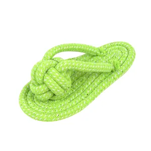 Sandal-shaped green and white woven cotton rope dog chew toy for pet dental health