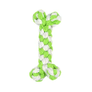 Bone-shaped green and white braided cotton rope dog toy for dental health and chewing.