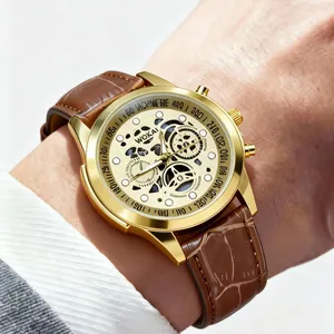 Wokai men's sports quartz watch with brown leather strap and gold case design.