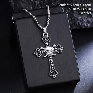 Close-up detail of vintage titanium steel skull cross pendant necklace with sizing info