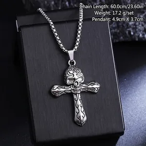 Detailed view of punk skull cross pendant necklace in high-grade stainless steel