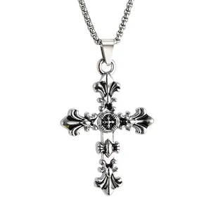 Vintage punk style titanium steel cross pendant necklace with intricate gothic carvings