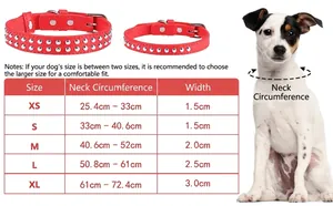 Guide des tailles et mesures pour collier de chien clouté en cuir rouge pour chiens