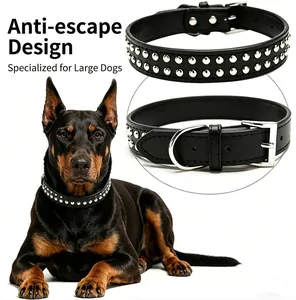 Vue détaillée du collier en cuir noir pour chien avec rivets et boucle métallique