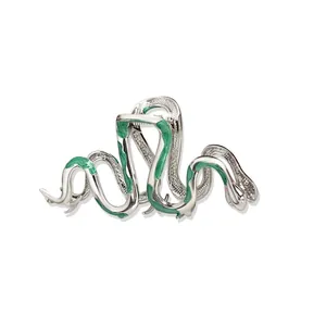 Eleganter großer silberner Haargreifer in Schlangenform mit grüner Emaille für Damen