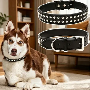 Collier pour chien en cuir véritable noir avec rivets anti-morsure pour grandes races