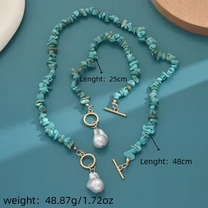 Detail view of turquoise OT clasp necklace and bracelet set with size and weight info