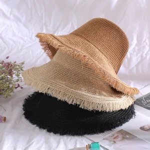 Women's Summer Large Brim Frayed Edge Straw Bucket Hat Breathable Sunshade Beach Sun Hat For Outdoor Vacation Travel