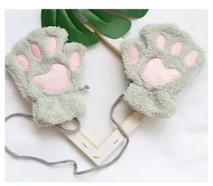 Süße grau-pinke Katzenpfoten-Plüschhandschuhe ohne Finger für den Winter mit Kordel