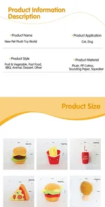Dimensioni e materiali dettagliati per vari giocattoli di peluche per animali a forma di fast food.