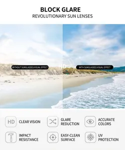 Polarized sunglasses lens comparison showing HD vision and anti-glare effects on a beach