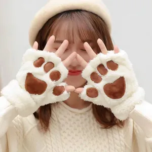 Süße Katzenpfote Halbfinger Plüsch Handschuhe Für Damen Winter Warm Weich Kunstpelz Fingerlose Fäustlinge Mit Halsschlaufe