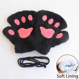 Süße Katzenpfoten-Handschuhe mit weichem Futter und Kordel, warmes Plüschmaterial