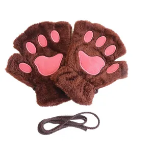 Süße braune Katzenpfoten Plüsch-Handschuhe ohne Finger mit rosa Polstern und Kordel
