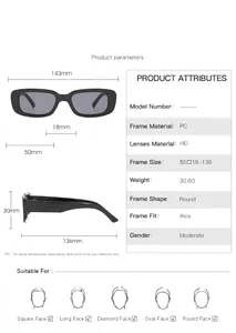 Detailed specifications and dimensions for retro small frame rectangular sunglasses
