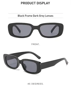 Front and side view detailed shots of stylish black small frame vintage rectangular sunglasses