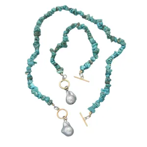 Handmade turquoise chip necklace and bracelet set with baroque pearl pendants and OT toggles