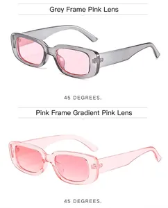 Retro rectangle sunglasses in gray and pink frames shown from a 45-degree angle view