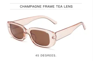 45-degree view of rectangle sunglasses with champagne frame and brown lenses.