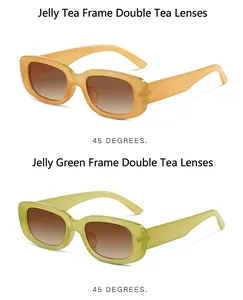Detail view showcasing jelly tea and jelly green retro rectangular small frame sunglasses
