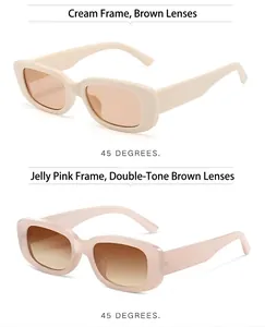 Retro small rectangular frame sunglasses shown in cream and jelly pink variants.