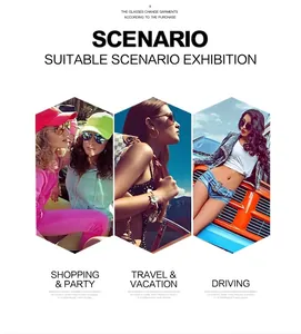 Fashionable retro sunglasses showcased in shopping, vacation, and driving scenarios
