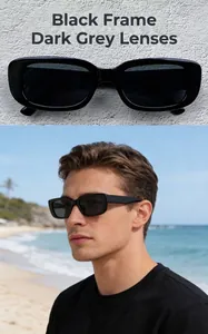 Model wearing retro small rectangular sunglasses with black frame and grey lenses