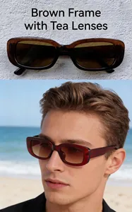 Close-up and lifestyle view of retro rectangular sunglasses with brown frames