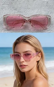 Detailed view of trendy pink rectangular sunglasses featuring both flat lay and model shots