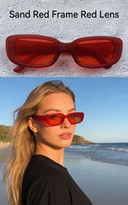 Detailed view of vintage matte red sunglasses and a model wearing them on a sunny beach
