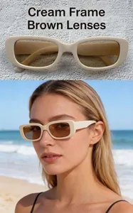 Model wearing vintage cream rectangular sunglasses with amber lenses on a beach
