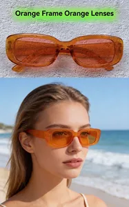 Close-up and lifestyle view of orange retro small frame sunglasses at the beach
