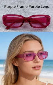 Close-up of retro purple rectangle sunglasses on a model and a textured grey background