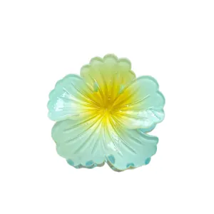 Fashionable gradient teal and yellow flower hair claw clip for women with hibiscus design