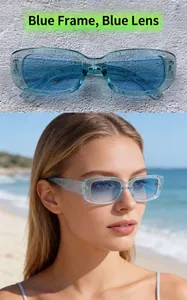 Close-up of retro small frame sunglasses with light blue frames and blue lenses on a model