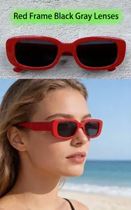 Fashionable red rectangular sunglasses with dark lenses for men and women, retro beach style.