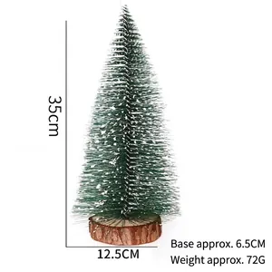 Mini snowy cedar Christmas tree on wood base, 35cm height desktop decoration.