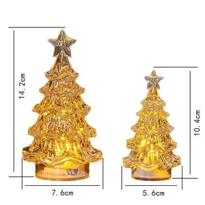 Detail view showing dimensions of two sizes of glowing LED mini Christmas tree ornaments.
