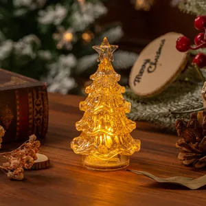 Macro detail of a glowing mini LED Christmas tree light on a cozy rustic wooden table