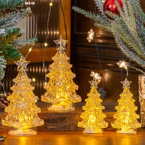 Mini LED Christmas Tree Desktop Ornament Crystal Look Night Light Battery Operated Glowing Xmas Decoration For Home Room