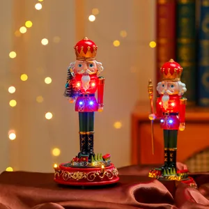 Detailed close-up of musical rotating Nutcracker ornaments with festive LED lights