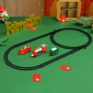 Weihnachts-Eisenbahn-Spielzeugset mit Schienen und Weihnachtsmann-Schlitten dekor.