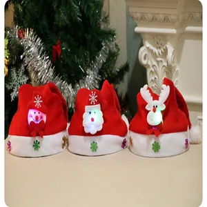 Set of three red Christmas hats with LED light-up Santa, Reindeer, and Snowman characters.