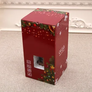 Festive red Christmas gift box packaging featuring detailed LED and music functional icons