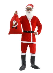 Complete Santa Claus velvet costume set including a red gift bag and white beard