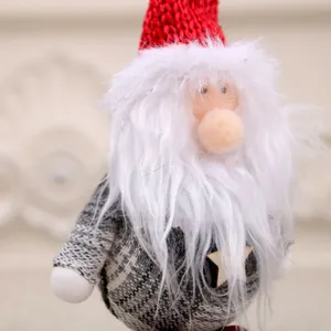 Close-up detail of a plush Christmas gnome ornament with long white fur beard and red hat